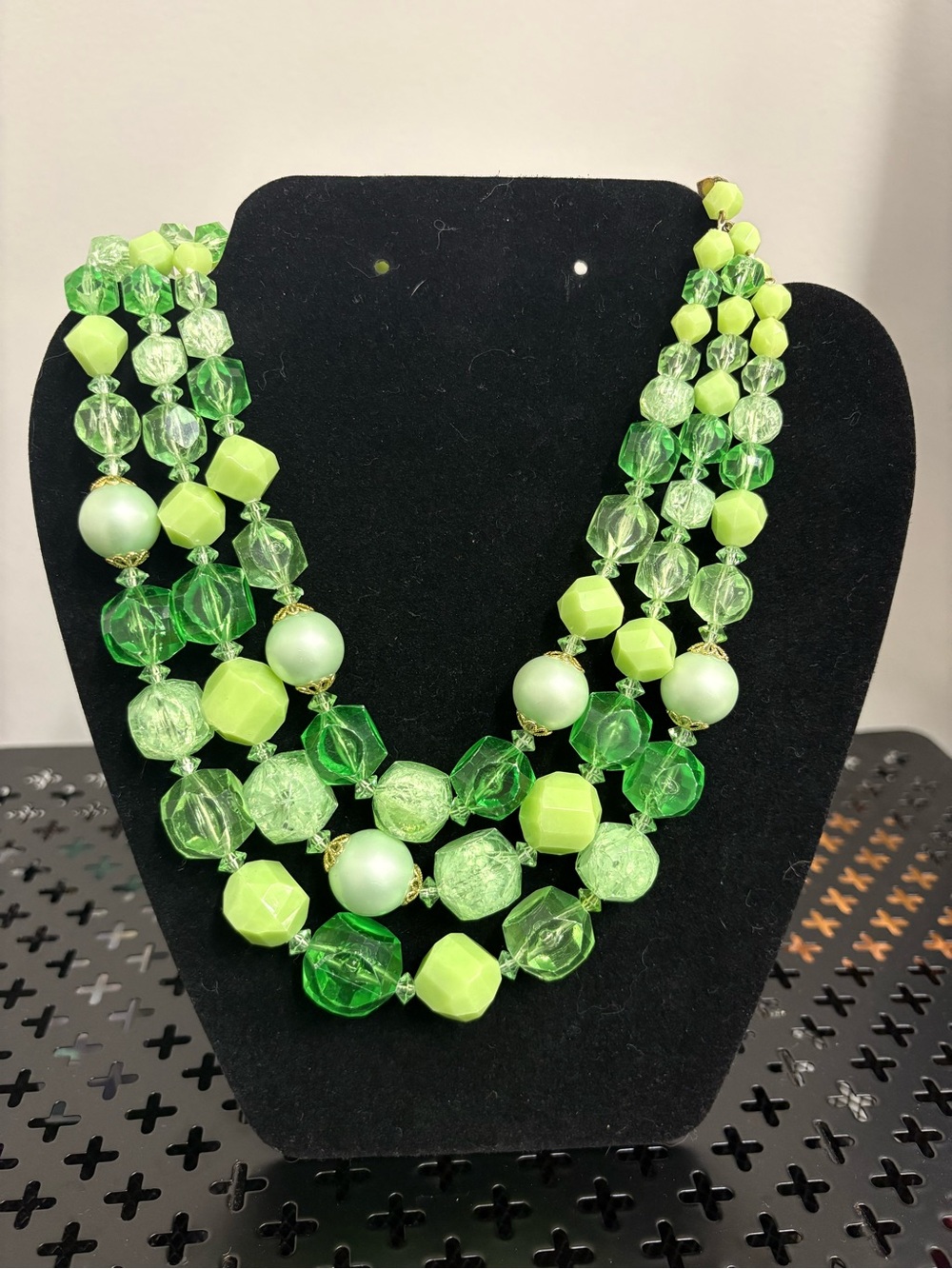 Vintage Germany stamped 3 strand green acrylic necklace